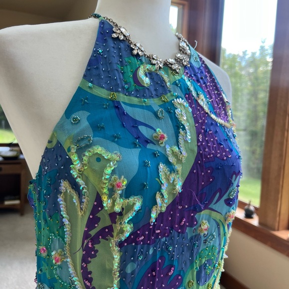 Vintage Cache Turquoise 🦋 Purple Lime Beaded Sequin Cocktail Dress Sz 12 Halter - Picture 4 of 16